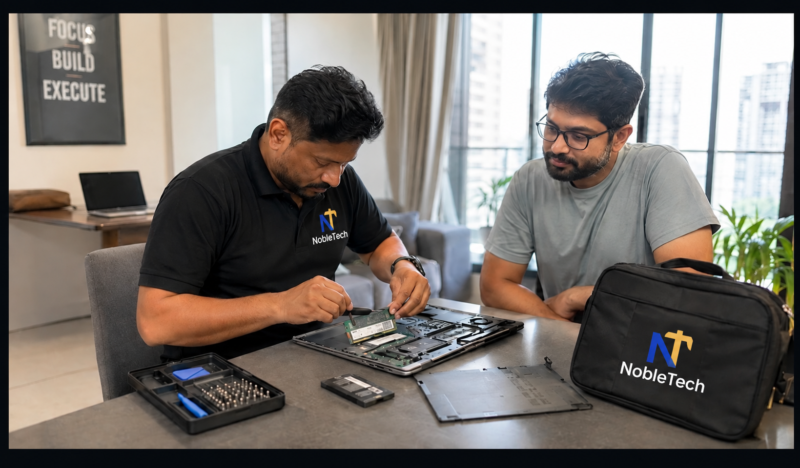 NobleTech technician providing doorstep service at a customer's home
